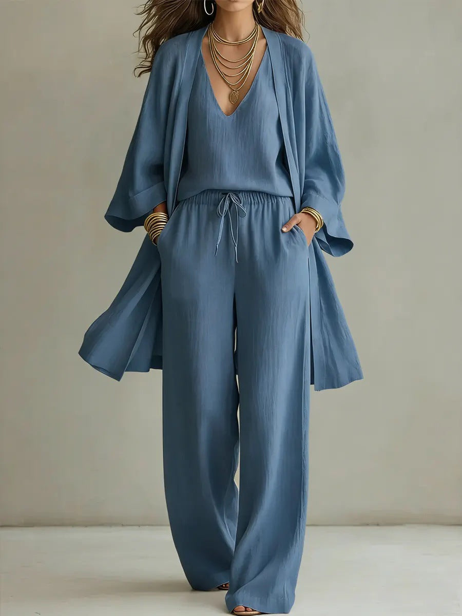 Women's V-Neck Cardigan Coat, Pocket Vest & Long Pants Three-Piece Set FitiqueFit