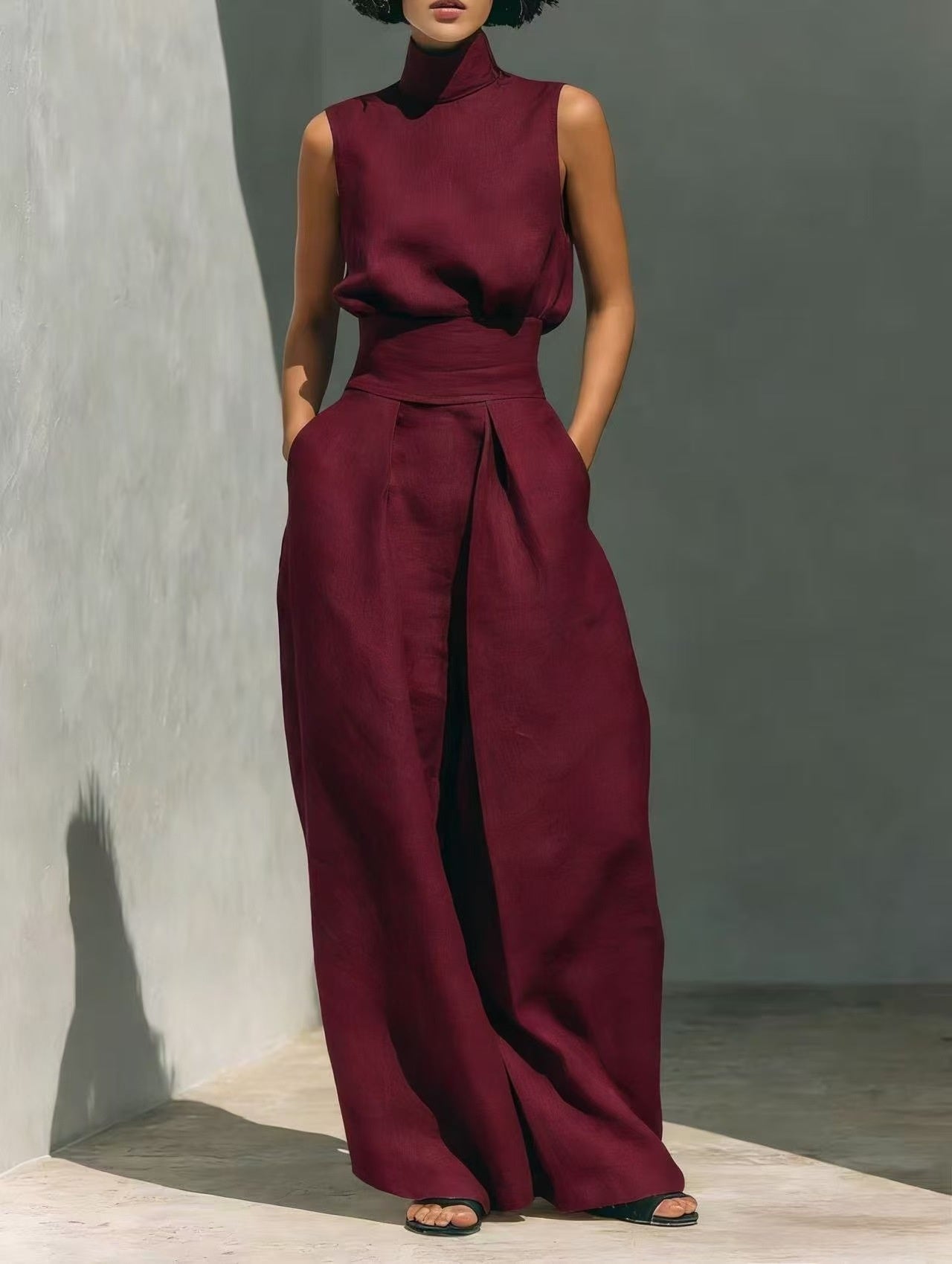 Women’s Cotton Linen Two-Piece Set – Sleeveless Top & Wide-Leg Pants FitiqueFit