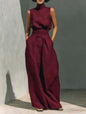 Women’s Cotton Linen Two-Piece Set – Sleeveless Top & Wide-Leg Pants FitiqueFit