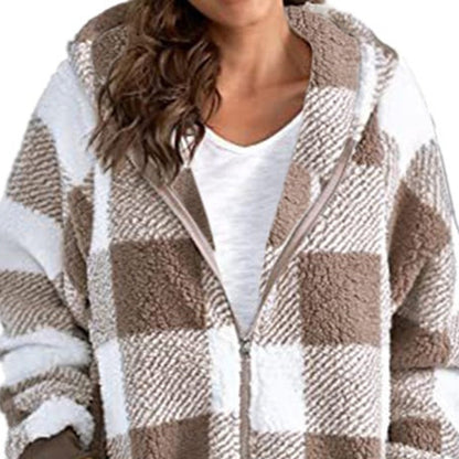 Plaid Hooded Zip-Up Oversized Jacket — Women’s Winter Commute Coat FitiqueFit