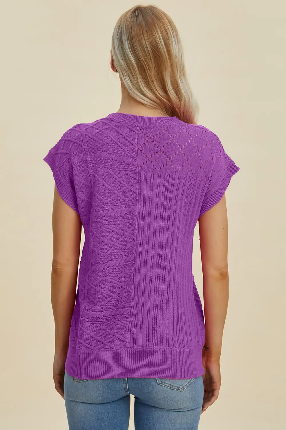 Double Take Full Size Cable-Knit Round Neck Cap Sleeve Sweater New Era Fashion LLc