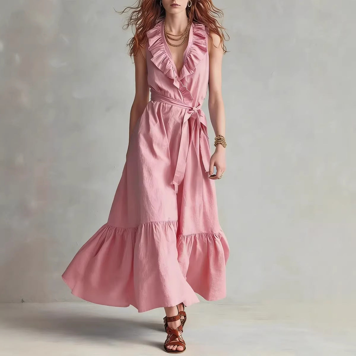 Women's V-Neck Sleeveless Lace-Up Panelled Maxi Dress – Wide Flare FitiqueFit