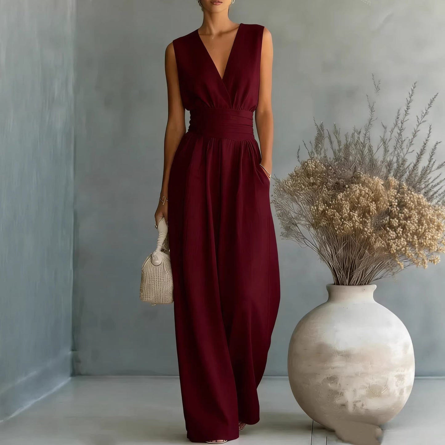 Women's Elegant V-Neck Sleeveless Jumpsuit – Waist-Cinching Straight Leg FitiqueFit