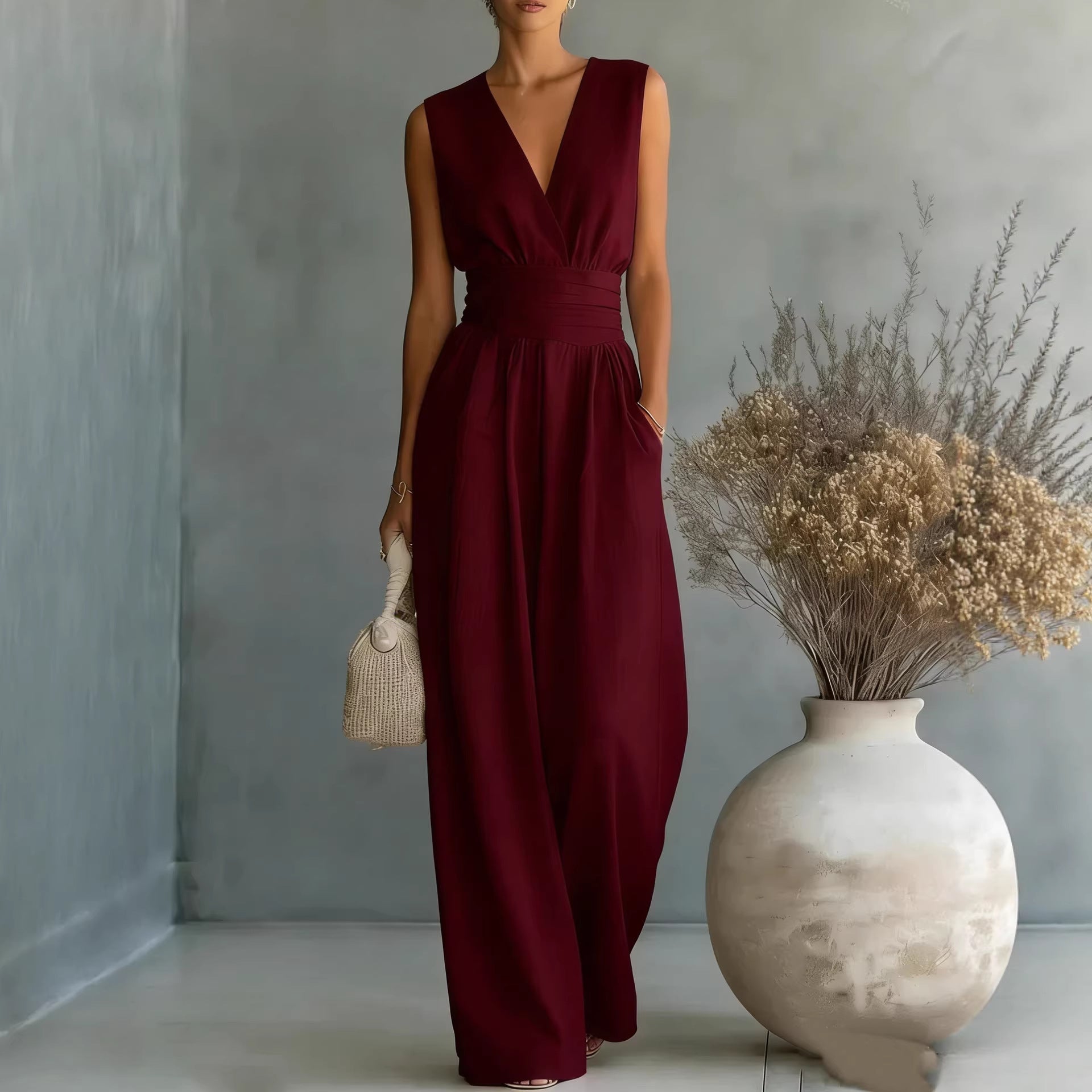 Women's Elegant V-Neck Sleeveless Jumpsuit – Waist-Cinching Straight Leg FitiqueFit