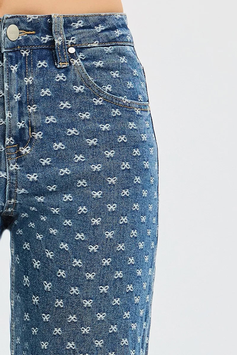 RISEN High Rise Wide Leg Bow Embroidered Jeans West2East Surf