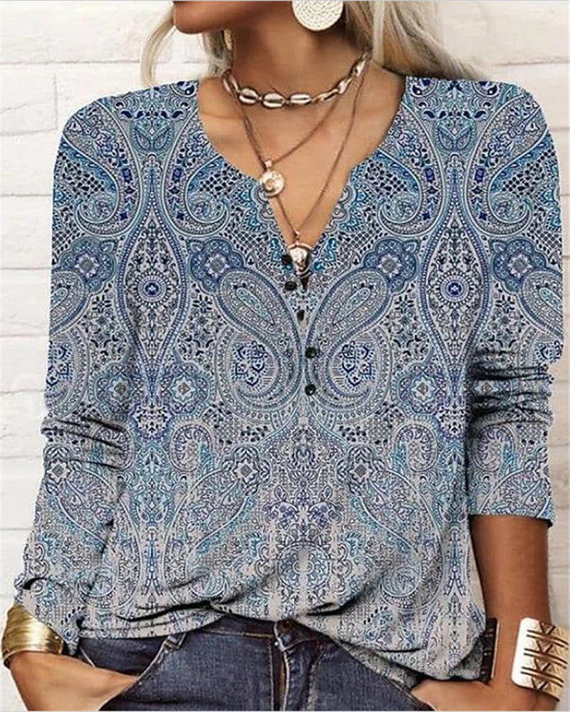 Women's Ethnic Print V-Neck Long Sleeve Loose T-Shirt FitiqueFit