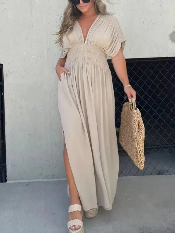 Bat-sleeved V-neck Slit  Elastic Waist Long Dress Grayceful LLC