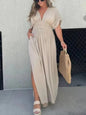Bat-sleeved V-neck Slit  Elastic Waist Long Dress Grayceful LLC