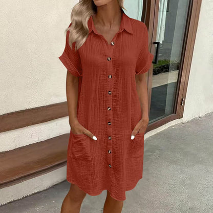Women's Casual Loose Short-Sleeve Midi Shirt Dress – Button-Down FitiqueFit