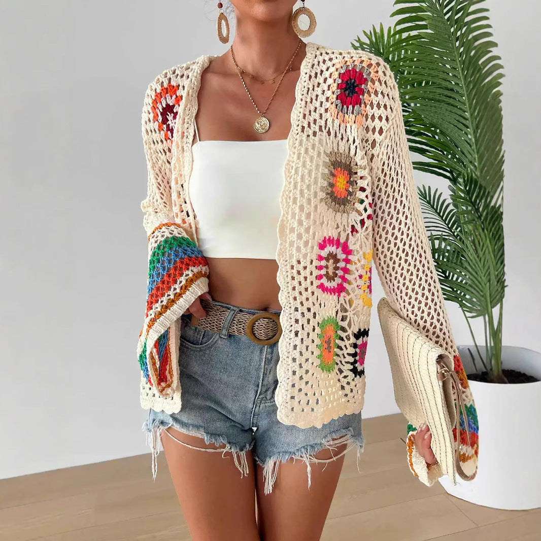Hand-Crocheted Floral Cardigan Sweater | Boho Open Front Knit Top FitiqueFit