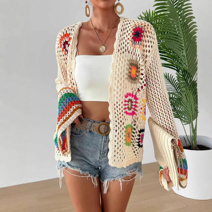 Hand-Crocheted Floral Cardigan Sweater | Boho Open Front Knit Top FitiqueFit
