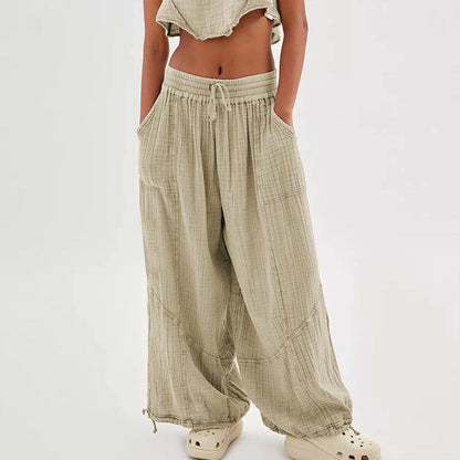 Women’s Solid Color Wide Leg Pants – Elastic Drawstring Waist and Side Pockets FitiqueFit