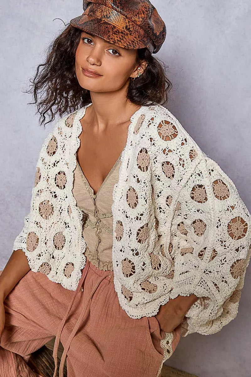 POL Openwork V-Neck Chenille Cardigan with Contrast Floral West2East Surf