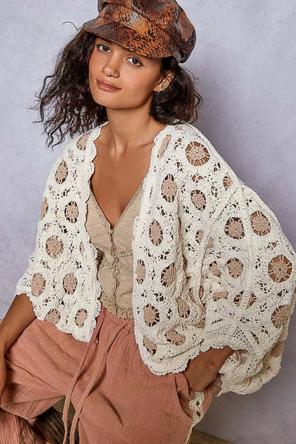 POL Openwork V-Neck Chenille Cardigan with Contrast Floral West2East Surf