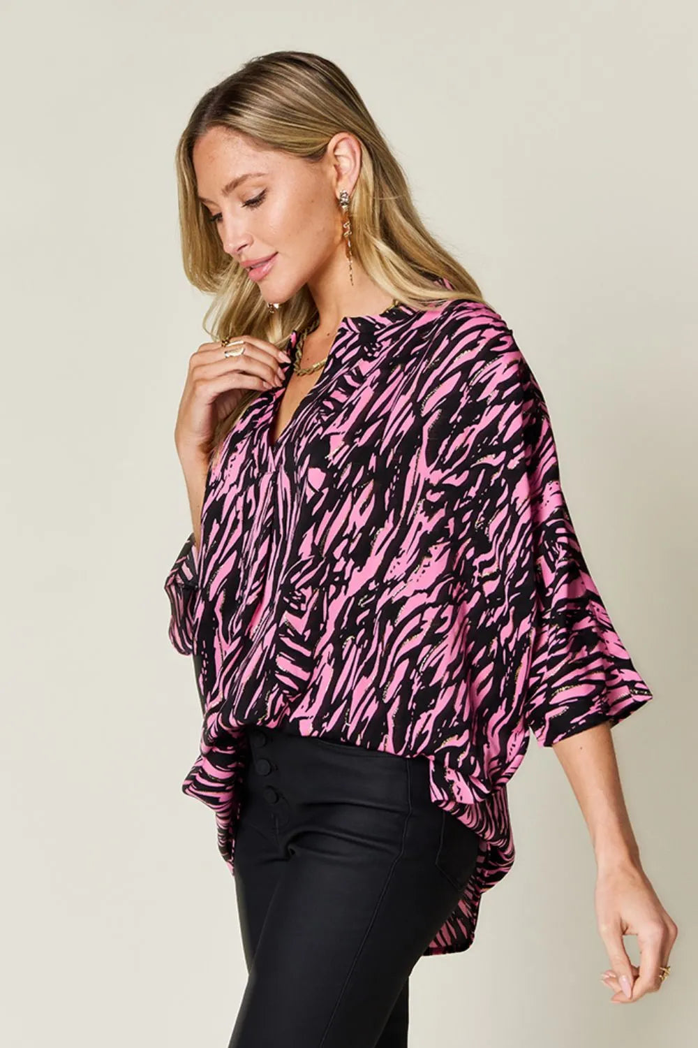 Double Take Full Size Printed Notched Three-Quarter Sleeve Blouse New Era Fashion LLc