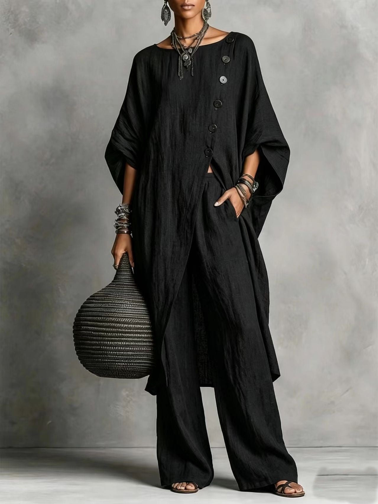 Women's Drop Shoulder Three-Quarter Sleeve Irregular Shirt & Pants Set FitiqueFit