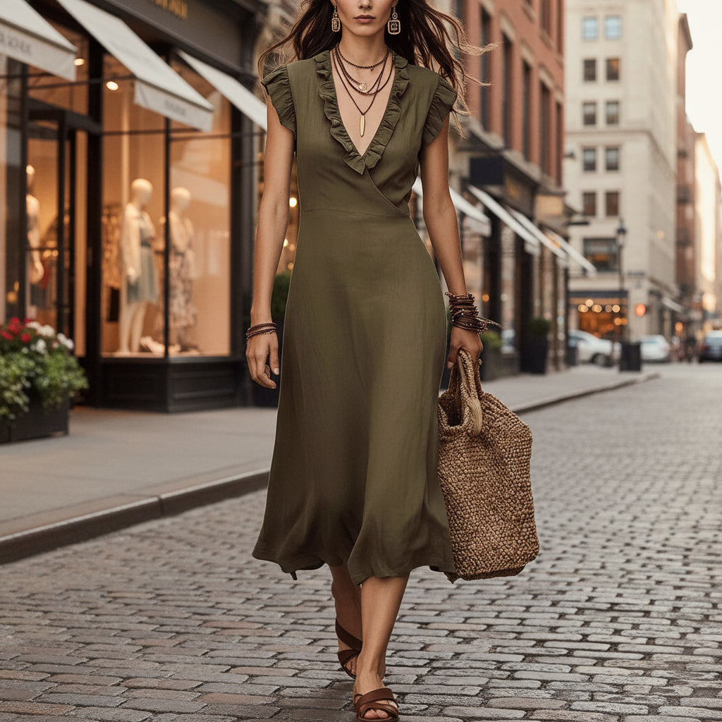 Women's V-Neck Cotton-Linen Flutter-Sleeve Ruffle-Trim Midi Dress FitiqueFit