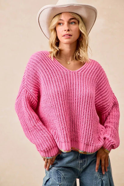 BiBi V-Neck Sweater with Colorful Trim FitiqueFit