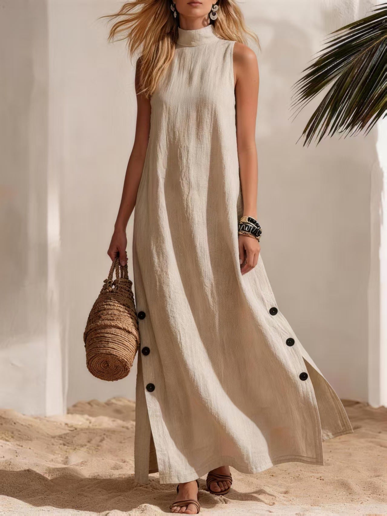 Cotton Linen Sleeveless Midi Dress – Side Slits & Loose Fit FitiqueFit