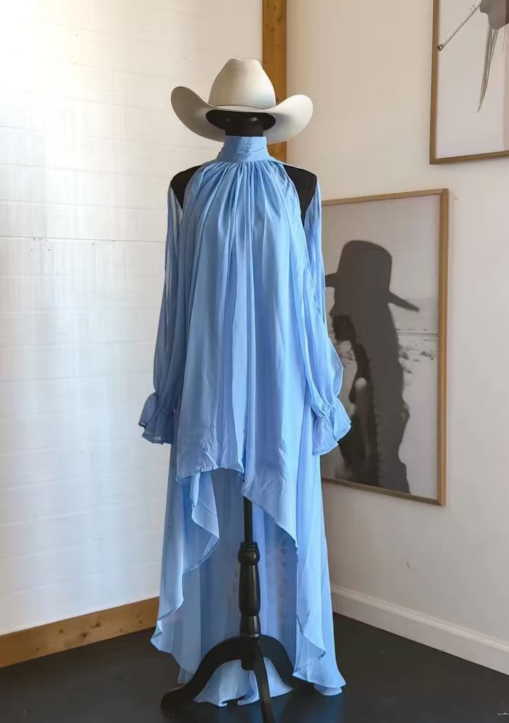 High Neck Asymmetric Maxi Chiffon Dress – Loose Fit Long Sleeve FitiqueFit