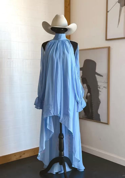 High Neck Asymmetric Maxi Chiffon Dress – Loose Fit Long Sleeve FitiqueFit