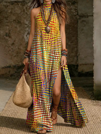 Women's Printed Halterneck Split Maxi Dress – Loose Fit Sleeveless FitiqueFit