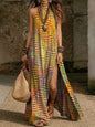 Women's Printed Halterneck Split Maxi Dress – Loose Fit Sleeveless FitiqueFit