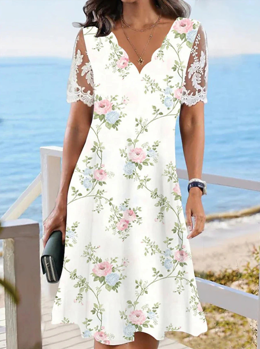 Women's Floral Lace Flounce Neckline High-Waist A-Line Midi Dress FitiqueFit