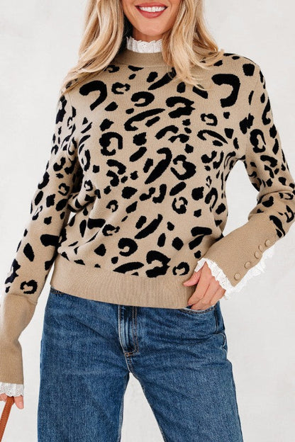 Leopard Lace Ribbed Trim Buttoned Cuff Sweater Shop Style & More | Fresh Looks, Everyday Deals & Free Shipping