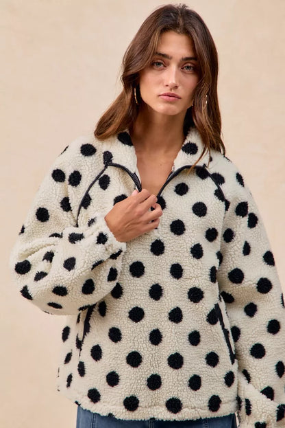 BiBi Polka Dot Sherpa Half Zip Up Top with Side Pocket FitiqueFit