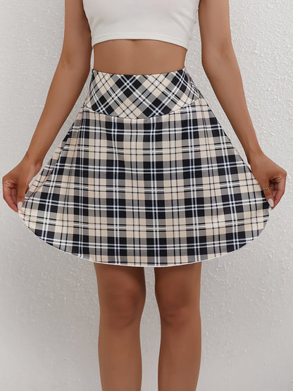 Plaid Sporty Skirt Set Stretchy Zipper Pocket