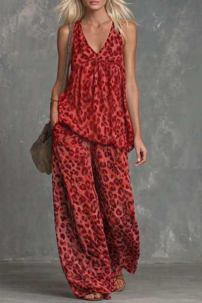 Women’s Leopard Print Sleeveless Top and Chiffon Pants Set FitiqueFit
