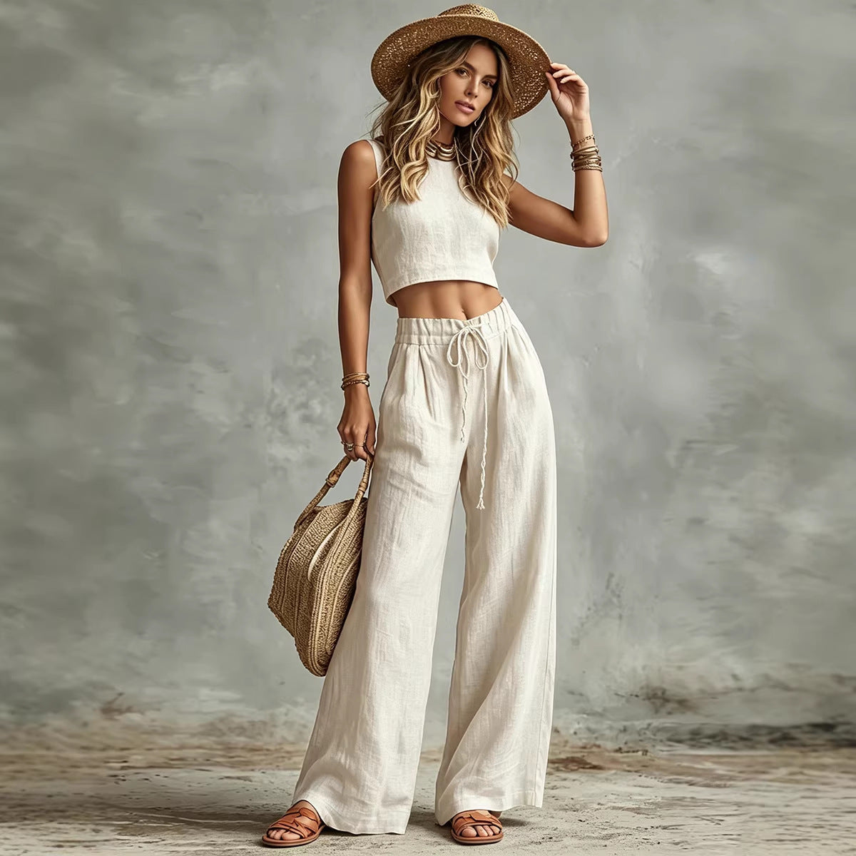 Women's Sleeveless Vest & Drawstring High-Waist Wide-Leg Pants Set FitiqueFit