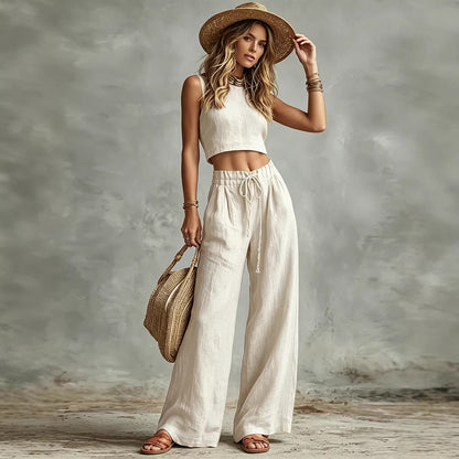 Women's Sleeveless Vest & Drawstring High-Waist Wide-Leg Pants Set FitiqueFit