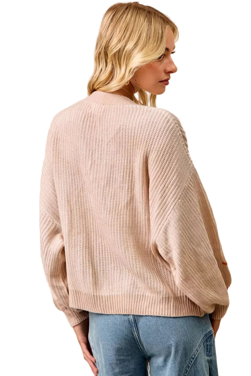 BiBi Two Tone Knit Cardigan with Leaf Patches West2East Surf