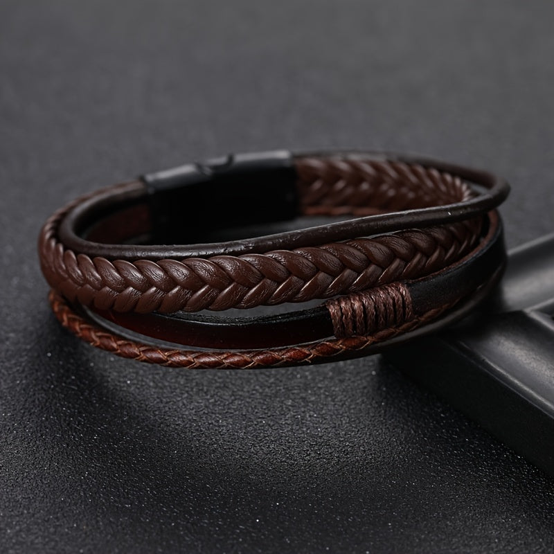 [Stylish Leather Bracelet] Stylish Durable 1pc Men's Hand-Woven Multi-Layer Leather Bracelet | with Buckle Closure, Versatile Accessory for Casual or Formal Wear NovaCart