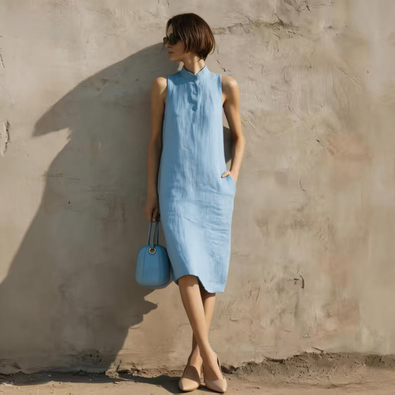 Women's Sleeveless A-Line Midi Dress – Solid Color Cotton Linen Casual FitiqueFit