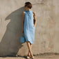 Women's Sleeveless A-Line Midi Dress – Solid Color Cotton Linen Casual FitiqueFit