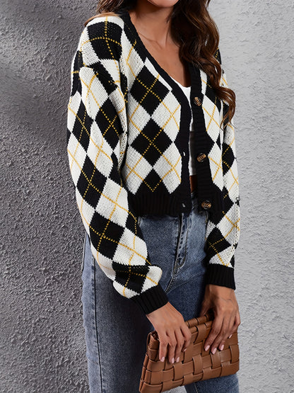 Women'S Elegant Tartan Knit Cardigan, V-Neck Short Length Sweater with Button Detail, Acrylic 100% Long Sleeve Knitwear for Fall/Winter NovaCart