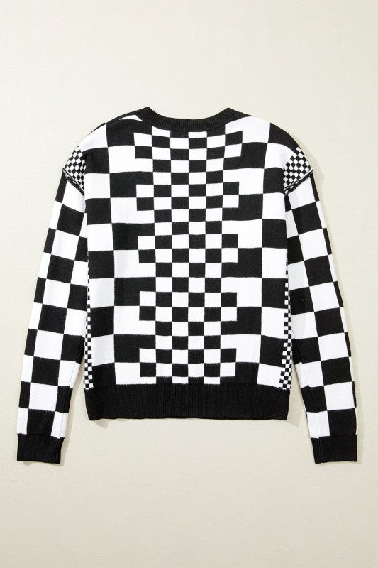Checker Round Neck Drop Shoulder Sweater Shop Style & More | Fresh Looks, Everyday Deals & Free Shipping