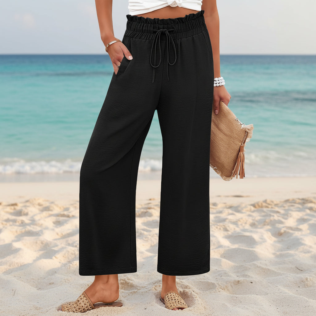 Women's Wide-Leg Cropped Pants with Lace Trim & Pockets FitiqueFit