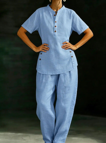 Three-Quarter Sleeve Shirt & Wide-Leg Pants Two-Piece Set – Solid Color Casual FitiqueFit