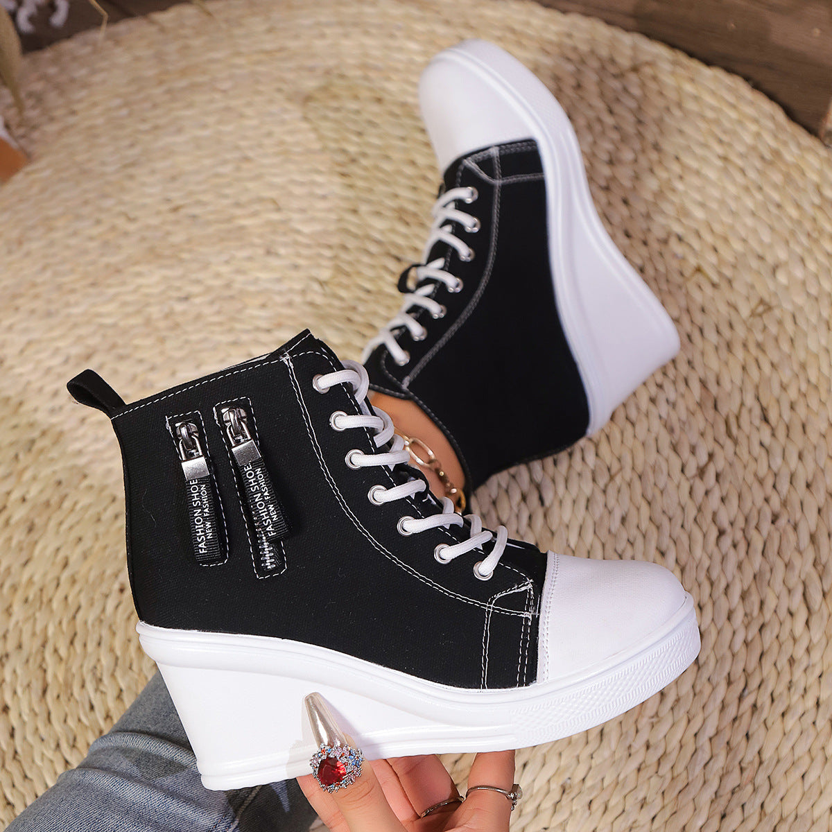Women's Canvas Wedge Platform Lace-Up Sneakers FitiqueFit