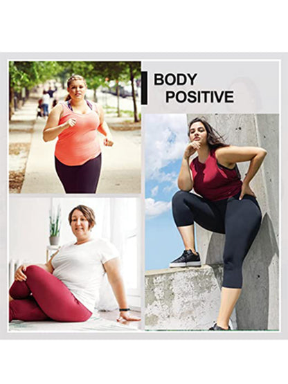Women'S Plus Size Capri Leggings, High Waist Tummy Control, 4X Stretch, Pocket Detail, Solid Black, Knit Fabric, Polyester 92%, Spandex 8%, 210g/m², All Season Skinny Yoga Pants NovaCart