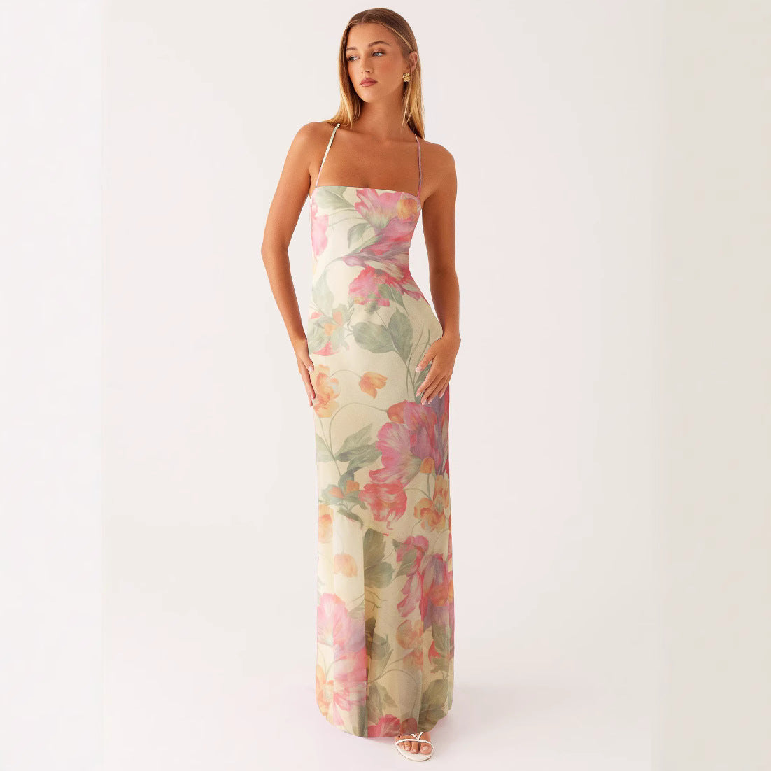 Printed Sleeveless Strap Bodycon Maxi Dress | High Waist FitiqueFit