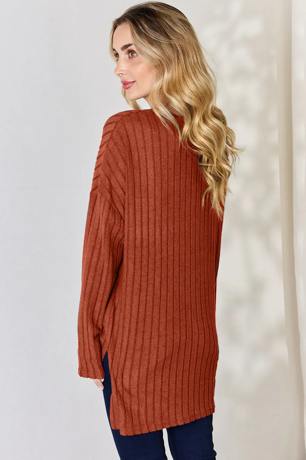 Basic Bae Full Size Ribbed Half Button Long Sleeve High-Low T-Shirt New Era Fashion LLc