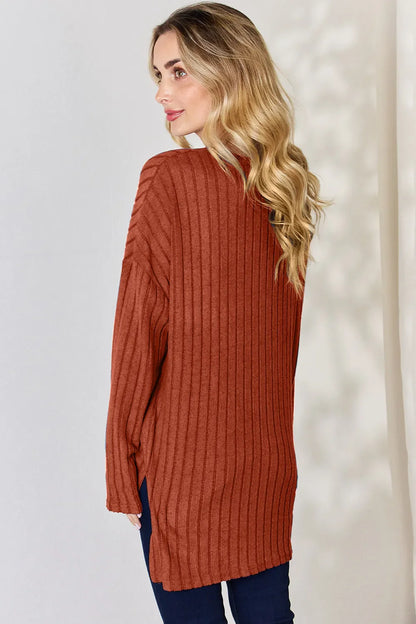 Basic Bae Full Size Ribbed Half Button Long Sleeve High-Low T-Shirt New Era Fashion LLc