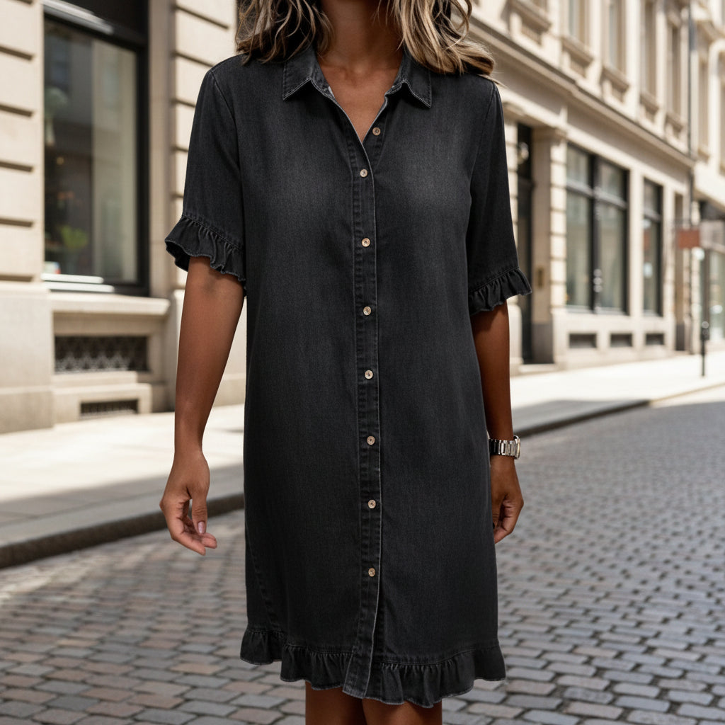 Women's Faux Denim Ruffle-Sleeve Shirt Dress FitiqueFit