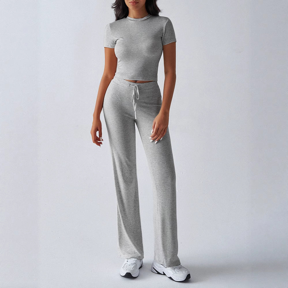 Crew Neck Short Sleeve Top & Full-Length Pants Set – Solid Color, 10 Colors FitiqueFit