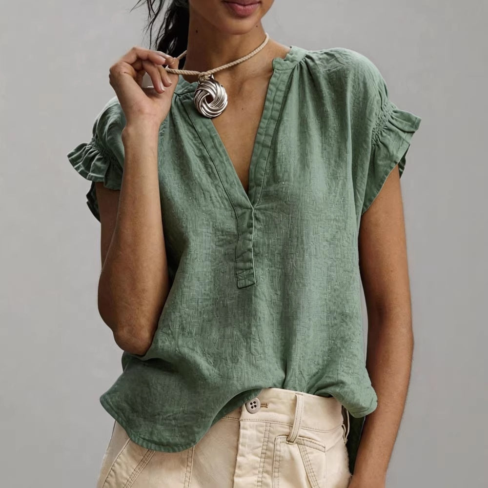 V-Neck Petal Sleeve Cotton-Linen Solid Top – 4 Colors, S–2XL FitiqueFit